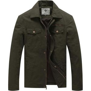 WenVen Men’s Casual Canvas Cotton Military Lapel Jacket(Army Green)