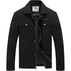 WenVen Men’s Casual Canvas Cotton Military Lapel Jacket(Black)