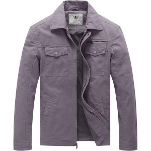 WenVen Men’s Casual Canvas Cotton Military Lapel Jacket(Light Grey)