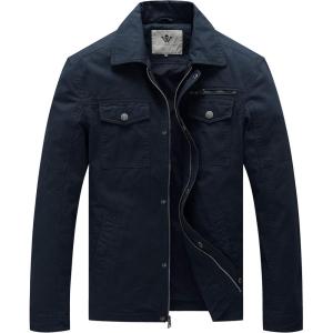 WenVen Men’s Casual Canvas Cotton Military Lapel Jacket(Navy)