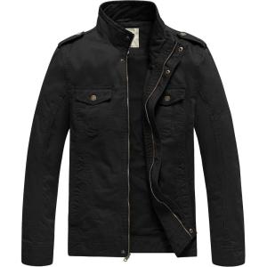 WenVen Men’s Casual Washed Cotton Military Jacket(Black)