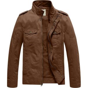 WenVen Men’s Casual Washed Cotton Military Jacket(Coffee)