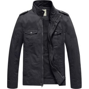 WenVen Men’s Casual Washed Cotton Military Jacket(Grey)
