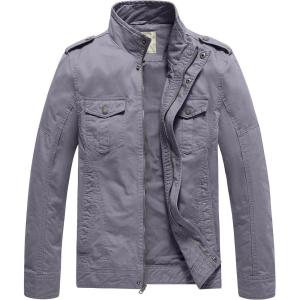 WenVen Men’s Casual Washed Cotton Military Jacket(Light Grey)
