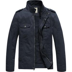 WenVen Men’s Casual Washed Cotton Military Jacket(Navy)