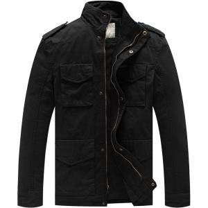 WenVen Men’s Lightweight Military Style Jacket Twill Cotton Windbreaker(Black)