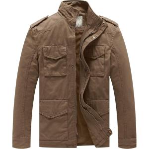 WenVen Men’s Lightweight Military Style Jacket Twill Cotton Windbreaker(Khaki)