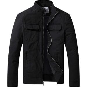 WenVen Men’s Spring Cotton Military Jacket Casual Lightweight Canvas Field Coat(Black)
