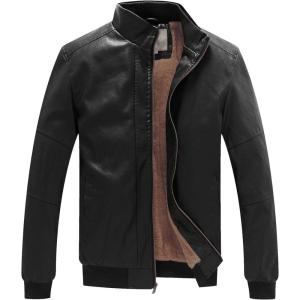 WenVen Men’s Stand Collar Fleece Lined Bomber Faux Leather Jacket(Black)