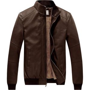 WenVen Men’s Stand Collar Fleece Lined Bomber Faux Leather Jacket(Brown)