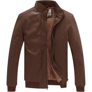 WenVen Men’s Stand Collar Fleece Lined Bomber Faux Leather Jacket(Field)