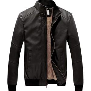 WenVen Men’s Stand Collar Fleece Lined Bomber Faux Leather Jacket(Grey)