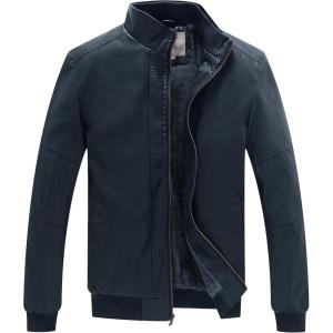 WenVen Men’s Stand Collar Fleece Lined Bomber Faux Leather Jacket(Navy)