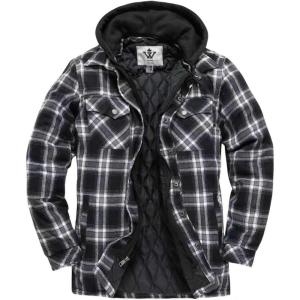 WenVen Men’s Thicken Plaid Flannel Quilted Shirts Jacket with Removable Hood(Black)