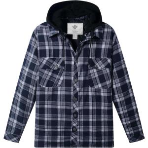 WenVen Men’s Thicken Plaid Flannel Quilted Shirts Jacket with Removable Hood(Blue)