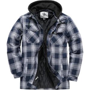 WenVen Men’s Thicken Plaid Flannel Quilted Shirts Jacket with Removable Hood(Dark Blue)
