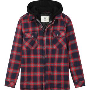 WenVen Men’s Thicken Plaid Flannel Quilted Shirts Jacket with Removable Hood(Dark Red)