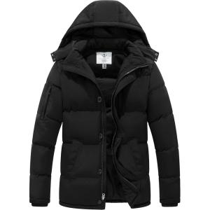 WenVen Men’s Warm Puffer Jacket Thicken Padded Winter Coat with Detachable Hood(Black)
