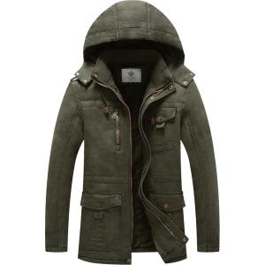 WenVen Men’s Winter Jacket Sherpa Lining Wool Trench Coat Casual Warm Parka Coat With Detachable Hood(Army Green)