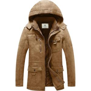 WenVen Men’s Winter Jacket Sherpa Lining Wool Trench Coat Casual Warm Parka Coat With Detachable Hood(Khaki)