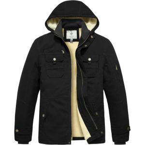 WenVen Men’s Winter Sherpa Parka Mid Length Thicken Military Style Warm Jacket with Removable Hood(Black)
