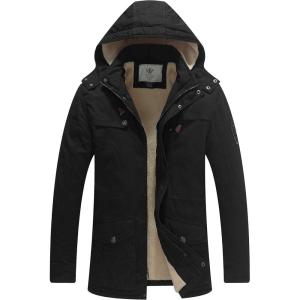 WenVen Men’s Winter Sherpa Parka Mid Length Thicken Military Style Warm Jacket with Removable Hood(Dark Black)