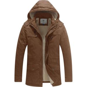 WenVen Men’s Winter Sherpa Parka Mid Length Thicken Military Style Warm Jacket with Removable Hood(Khaki)