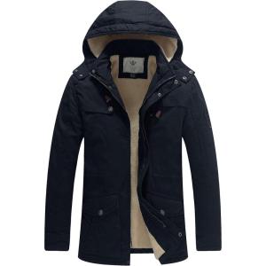 WenVen Men’s Winter Sherpa Parka Mid Length Thicken Military Style Warm Jacket with Removable Hood(Navy Blue)