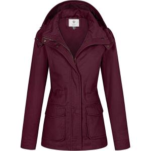 WenVen Women’s Anorak Military Jacket Lightweight Casual Cotton Coat with Hood(Deep Wine)