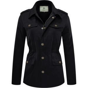 WenVen Women’s Lightweight Canvas Cotton Military Jacket Utility Lapel Anorak(Black)