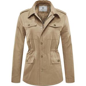 WenVen Women’s Lightweight Canvas Cotton Military Jacket Utility Lapel Anorak(Khaki)