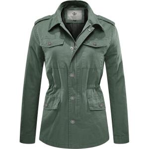 WenVen Women’s Lightweight Canvas Cotton Military Jacket Utility Lapel Anorak(Light Olive)
