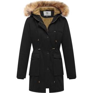 WenVen Women’s Winter Thicken Fleece Jacket Fur Hooded Military Parka Coat(Black)