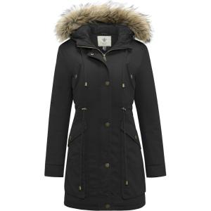 WenVen Women’s Winter Thicken Fleece Jacket Fur Hooded Military Parka Coat(Dark Black)