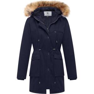 WenVen Women’s Winter Thicken Fleece Jacket Fur Hooded Military Parka Coat(Navy)