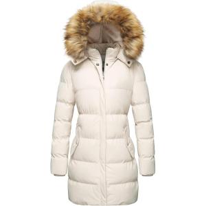 WenVen Women’s Winter Thicken Puffer Coat Warm Jacket with Faux Fur Removable Hood(Beige)