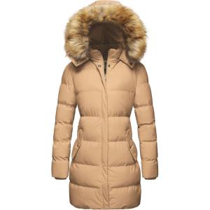 WenVen Women’s Winter Thicken Puffer Coat Warm Jacket with Faux Fur Removable Hood(Light Tan)