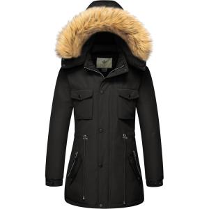 WenVen Women’s Winter Waterproof Warm Parka Jacket with Detachable Fur Hood(Black)