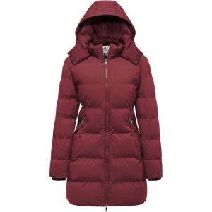 Wenven Women’s Warm Thickened Parka Coat Winter Puffer Jacket with Removable Hood(Red)