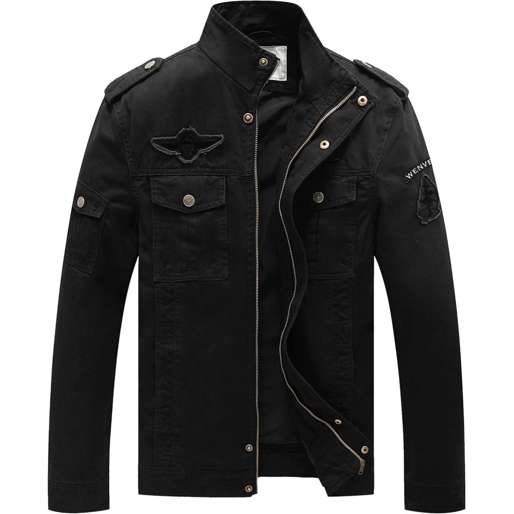 imageWenVen Mens Casual Canvas Cotton Jacket Warm Winter Coat Lightweight Military Utility JacketBlack