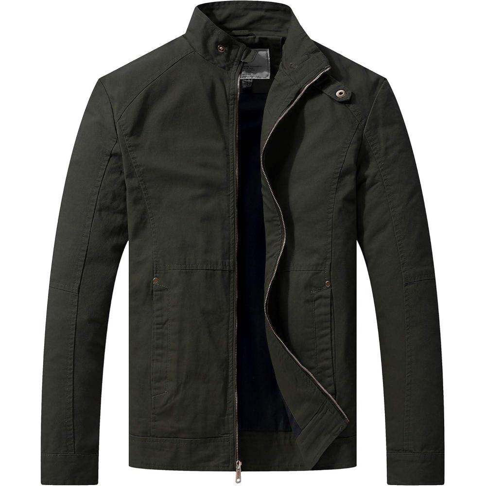 imageWenVen Mens Casual Canvas Cotton Military Jacket Lightweight Zip Up OutwearArmy Green
