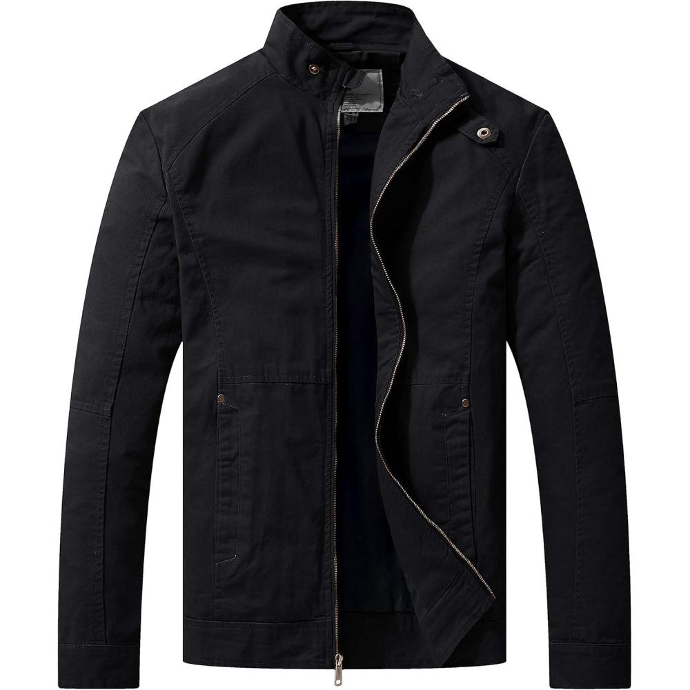 imageWenVen Mens Casual Canvas Cotton Military Jacket Lightweight Zip Up OutwearBlack