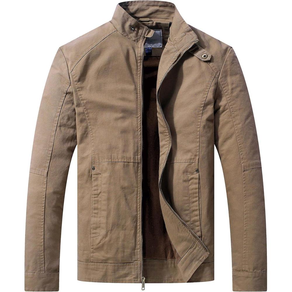 imageWenVen Mens Casual Canvas Cotton Military Jacket Lightweight Zip Up OutwearKhaki