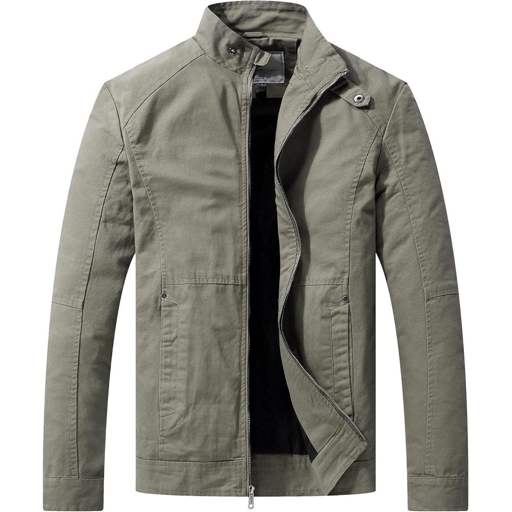 imageWenVen Mens Casual Canvas Cotton Military Jacket Lightweight Zip Up OutwearOlive