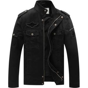 WenVen Men’s Casual Canvas Cotton Jacket Warm Winter Coat Lightweight Military Utility Jacket(Black)