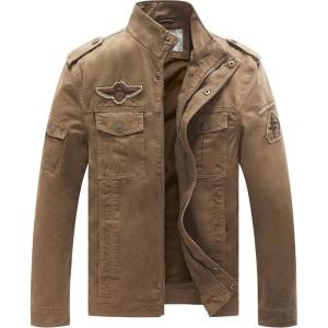WenVen Men’s Casual Canvas Cotton Jacket Warm Winter Coat Lightweight Military Utility Jacket(Khaki)