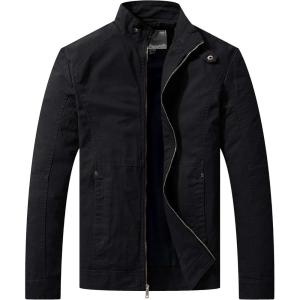 WenVen Men’s Casual Canvas Cotton Military Jacket Lightweight Zip Up Outwear(Black)