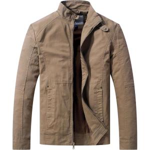 WenVen Men’s Casual Canvas Cotton Military Jacket Lightweight Zip Up Outwear(Khaki)