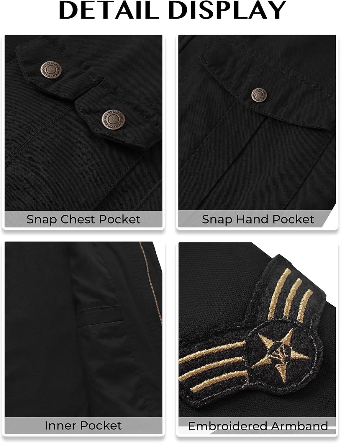 imageWenVen Mens Casual Canvas Cotton Jacket Hooded Military Utility JacketDark Black