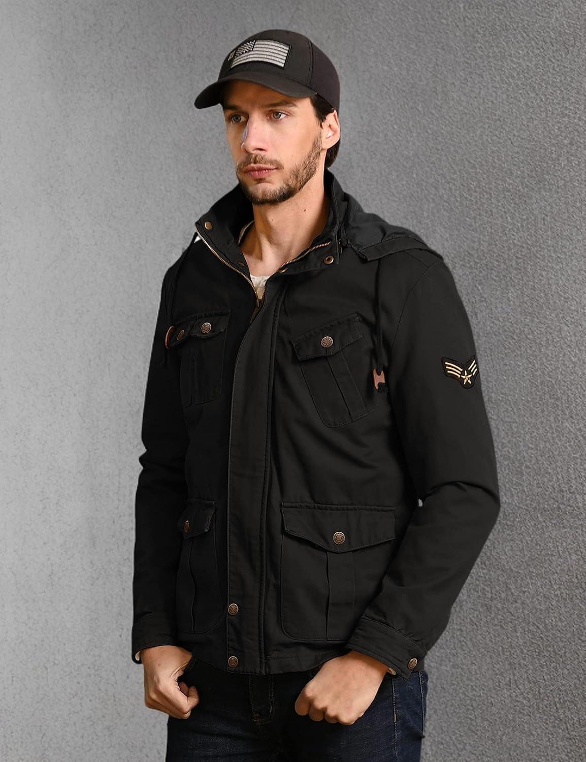 imageWenVen Mens Casual Canvas Cotton Jacket Hooded Military Utility JacketDark Black